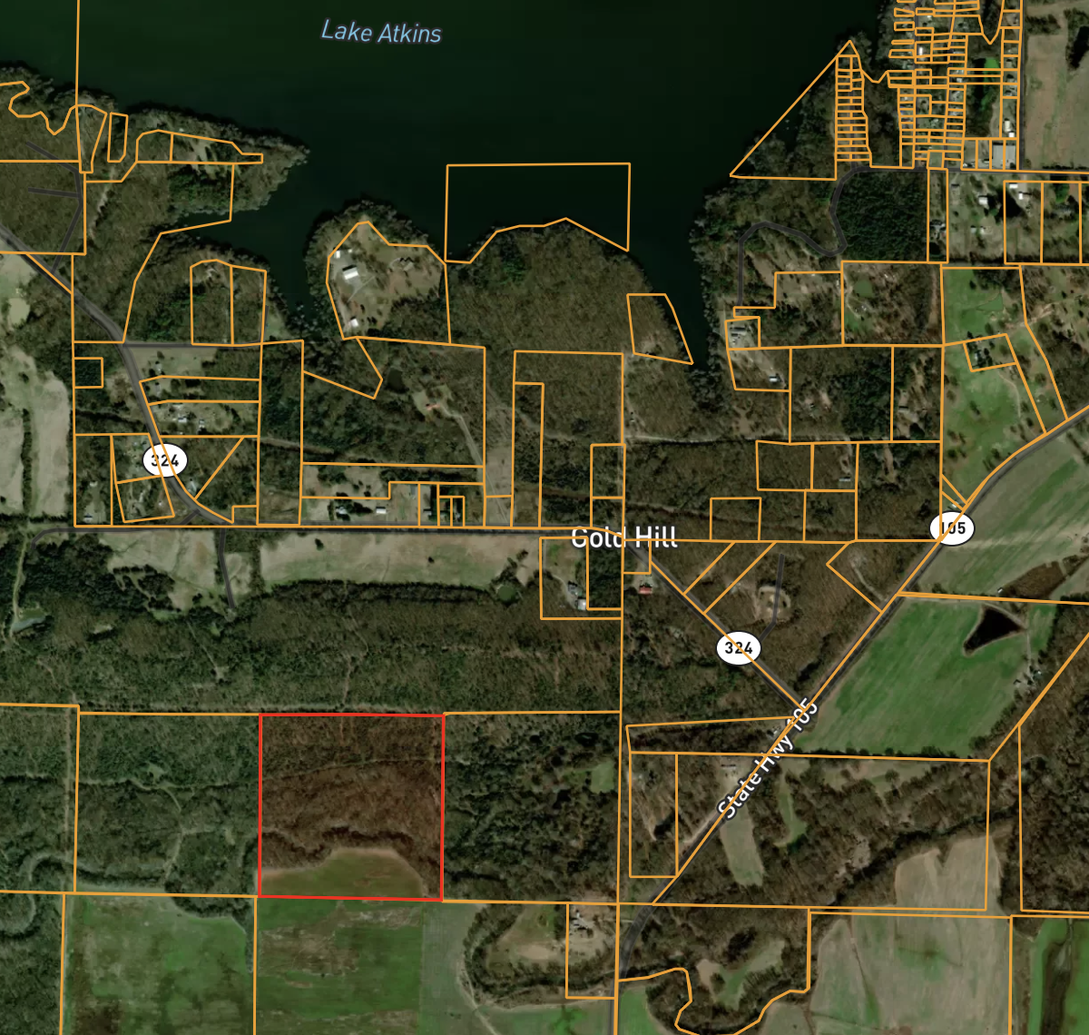 Owner-provided aerial map with a parcel outlined in red near Lake Atkins, Gold Hill and Highway 105.